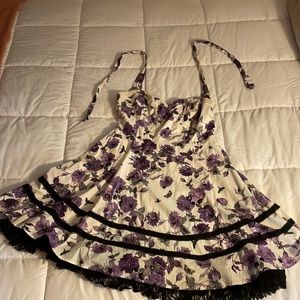 White & Purple Floral Insect Halter Dress
